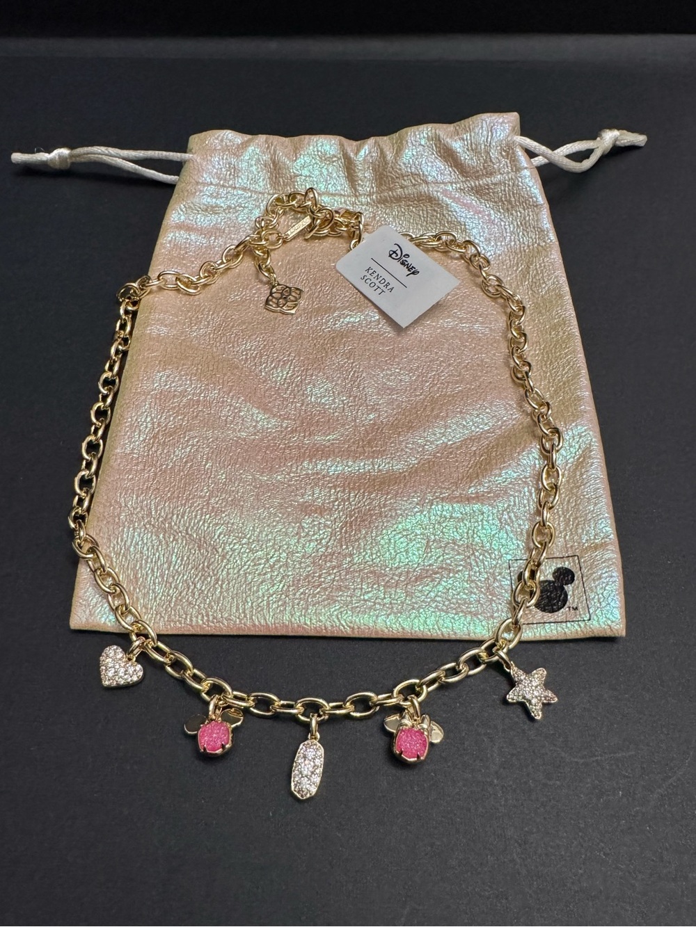Kendra Scott X Disney Mickey Minnie Mouse Pink Drusy Pendant Gold Necklace NWT - Picture 12 of 14
